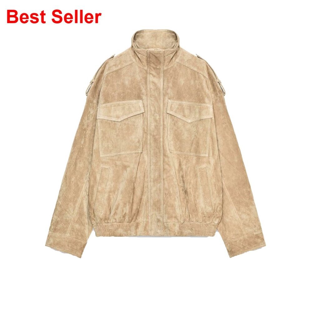 Suede Leather Jacket High Collar Long Cuffed Sleeves Oversized Coat